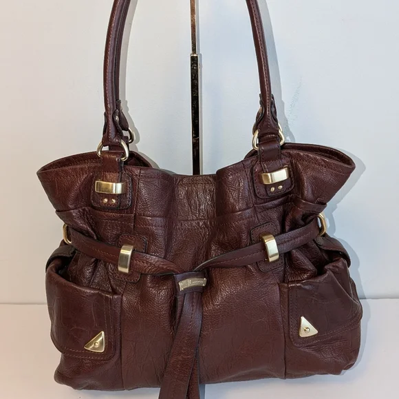B. Makowsky Brandy Brown Leather Croco Embossed Drawstring Shoulder Bag - $298 - Picture 4 of 12